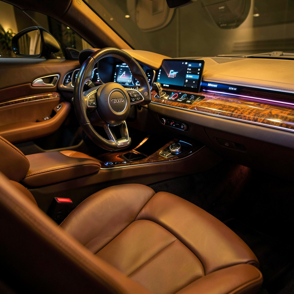 Détails de l'habitacle Audi R8, mêlant cuir, aluminium et écrans de haute technologie