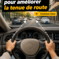Une femme souriante conduisant avec aisance son véhicule sur une route sinueuse.