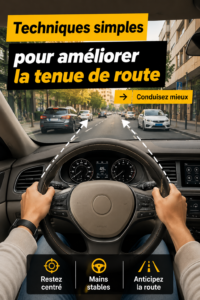 Une femme souriante conduisant avec aisance son véhicule sur une route sinueuse.