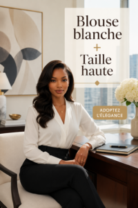 Femme portant une blouse blanche chic avec un pantalon noir taille haute