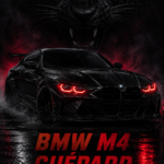 La BMW M4 Cheetha rouge garée sur une route panoramique, mettant en valeur son design sportif et élégant.