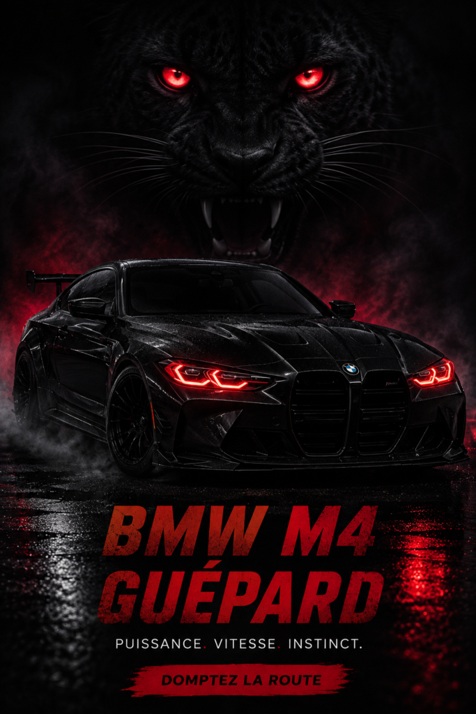 La BMW M4 Cheetha rouge garée sur une route panoramique, mettant en valeur son design sportif et élégant.