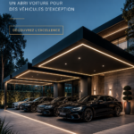 Carport moderne avec un véhicule premium, mettant en valeur l'élégance architecturale.