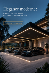Carport moderne avec un véhicule premium, mettant en valeur l'élégance architecturale.
