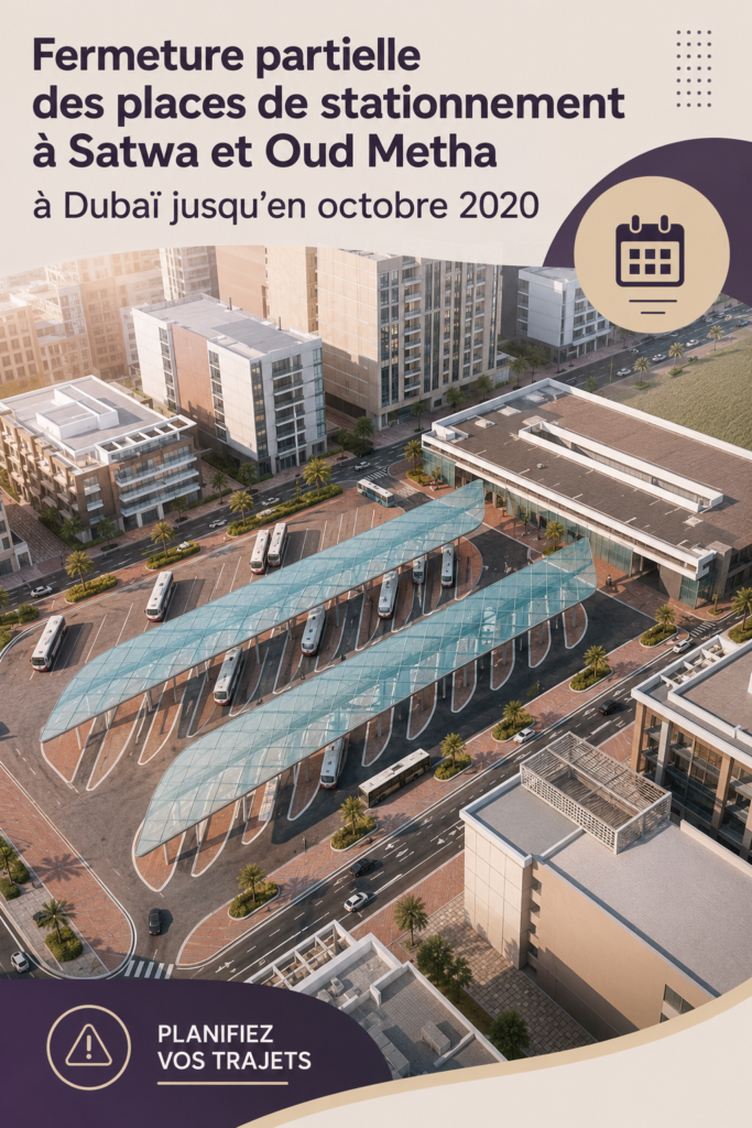 Vue d'un parking partiellement fermé à Dubai pendant les travaux.