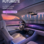 Intérieur futuriste d'une voiture moderne avec technologie avancée et design épuré.