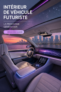 Intérieur futuriste d'une voiture moderne avec technologie avancée et design épuré.
