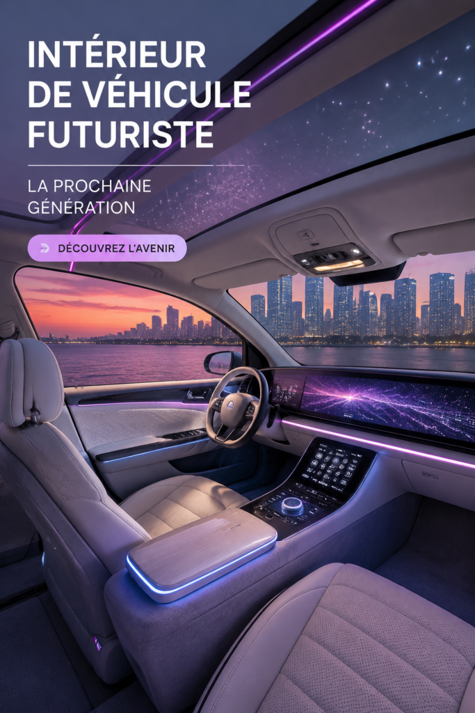Intérieur futuriste d'une voiture moderne avec technologie avancée et design épuré.