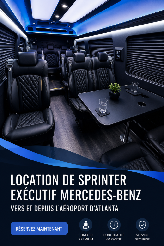 Image d'un Sprinter Mercedes stationné à l'aéroport d'Atlanta, prêt à accueillir ses passagers, avec des bagages à l'extérieur.