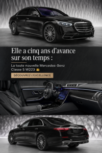 Vue extérieure de la Mercedes-Benz S-Class W223, un modèle alliant luxe et innovation.