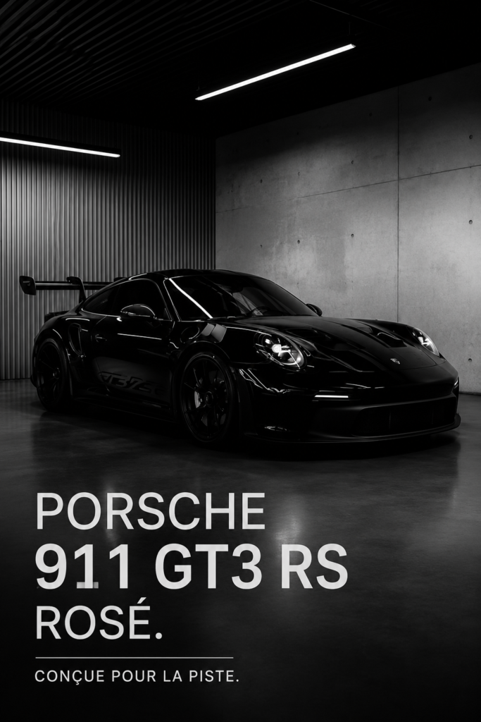 Porsche 911 GT3 RS Rosé sur une route pittoresque, symbolisant l'élégance et la performance automobile.