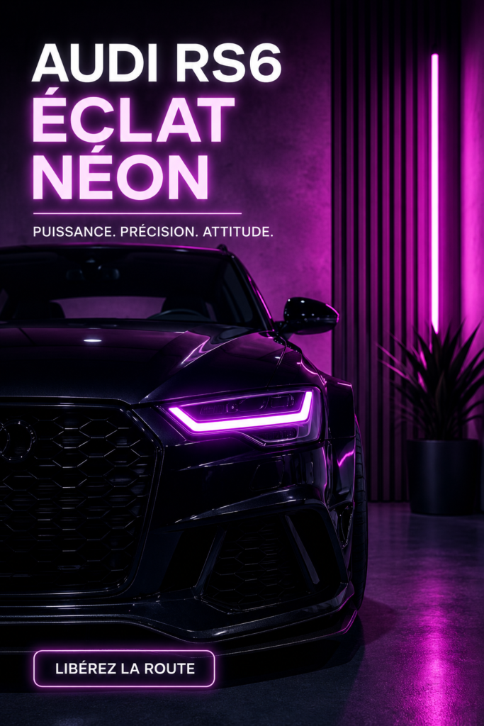 Poster néon Audi RS6 illuminant une pièce moderne.