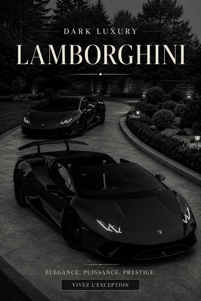 Une Lamborghini noire garée dans un décor urbain mystérieux, mettant en valeur son design luxueux.