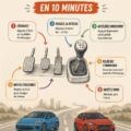 Une femme concentrée au volant d'une voiture manuelle, apprenant à changer de vitesse avec confiance
