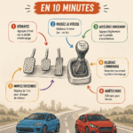 Une femme concentrée au volant d'une voiture manuelle, apprenant à changer de vitesse avec confiance