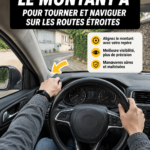Femme au volant d'une voiture sur une route étroite, démontrant des techniques de conduite sécurisée.