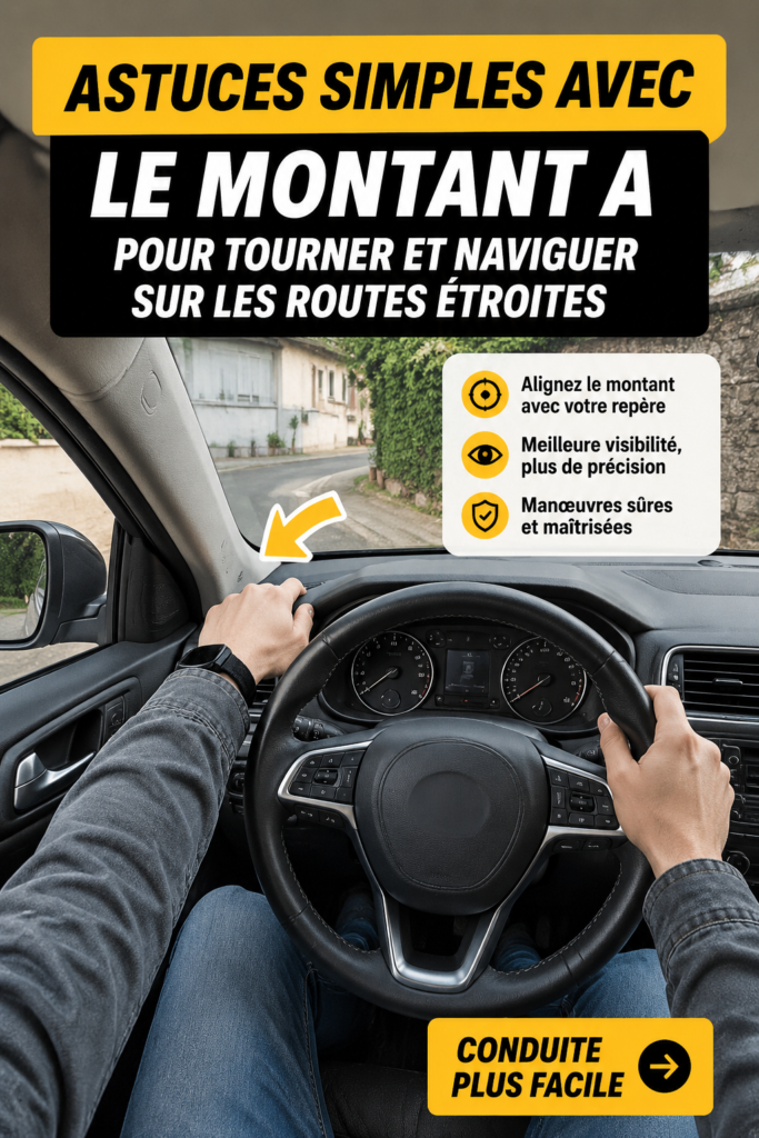 Femme au volant d'une voiture sur une route étroite, démontrant des techniques de conduite sécurisée.
