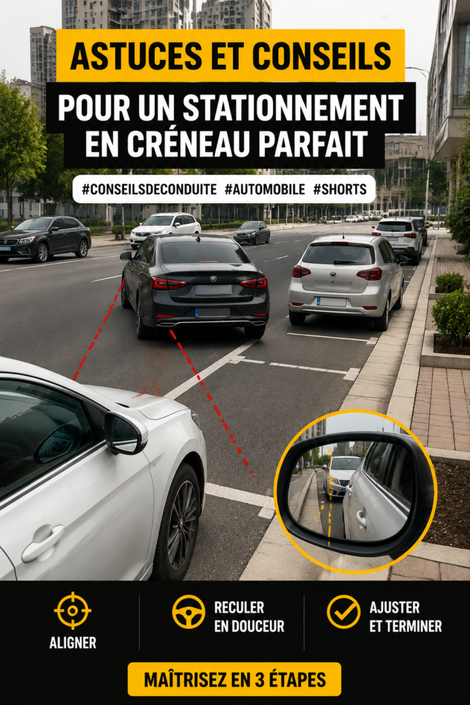 Femme au volant réussissant un créneau avec confiance