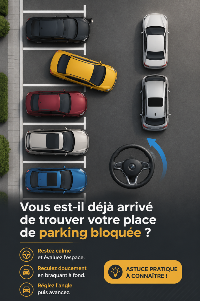 Une voiture bloquée dans un parking avec d'autres véhicules mal garés