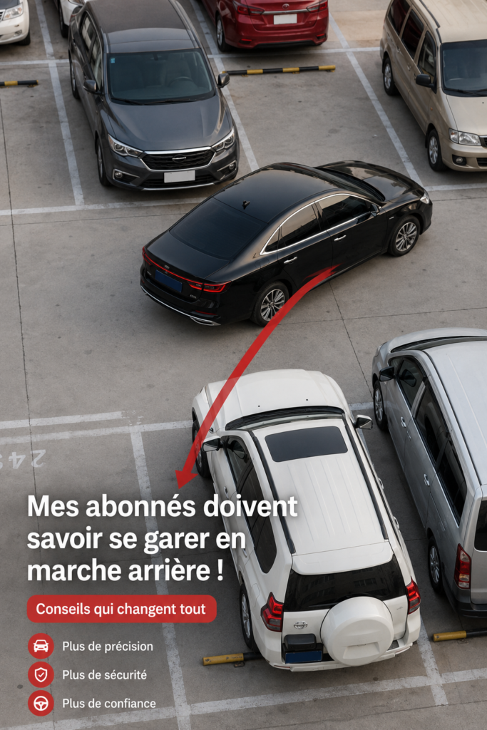 Femme au volant devant un créneau à réussir, préparée pour se garer.