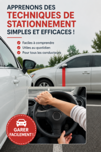 Une femme souriante à côté de sa voiture après avoir réussi un créneau, montrant une confiance renouvelée.