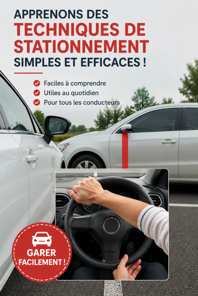 Une femme souriante à côté de sa voiture après avoir réussi un créneau, montrant une confiance renouvelée.