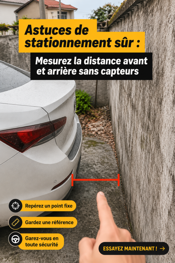 Une femme mesurant la distance de son véhicule à un mur pour se garer en toute sécurité.