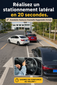 Femme au volant, prête à réaliser un créneau parfait