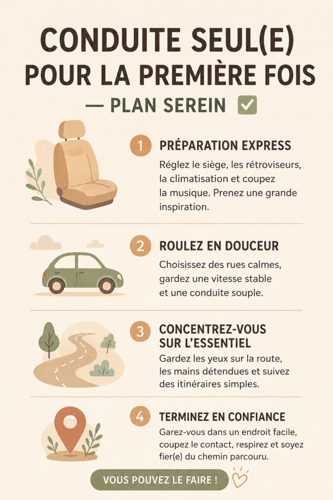 Femme souriante prenant le volant d'une voiture pour la première fois, exprime la confiance et la sérénité.