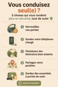 Femme conduisant seule dans une voiture, avec une expression confiante.