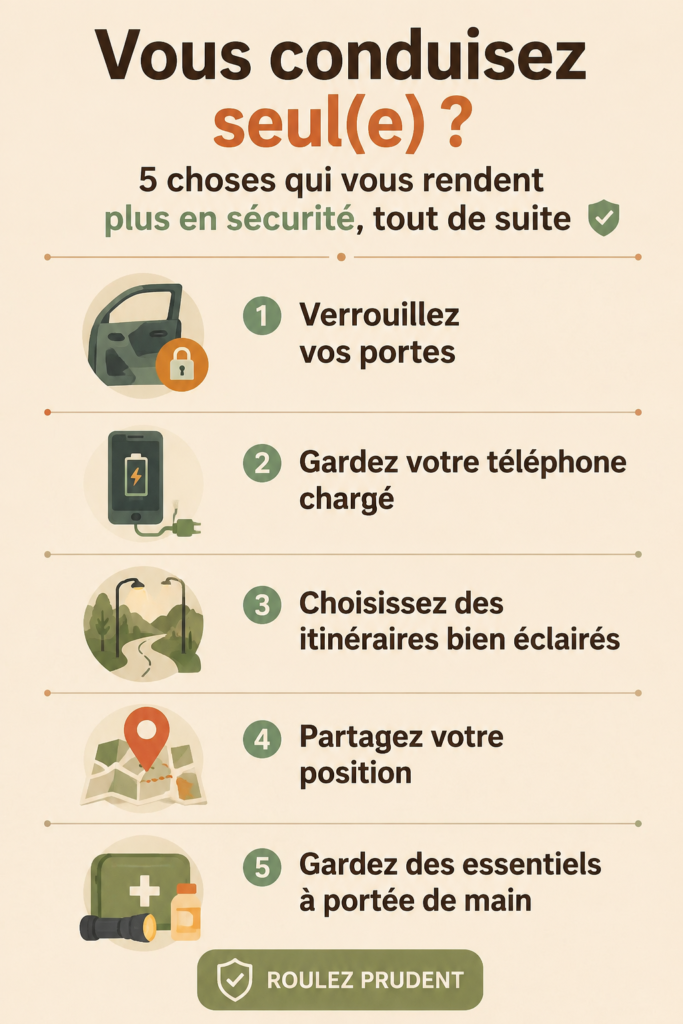 Femme conduisant seule dans une voiture, avec une expression confiante.