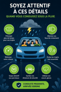 Femme conduisant prudemment sous la pluie avec des essuie-glaces en bon état.