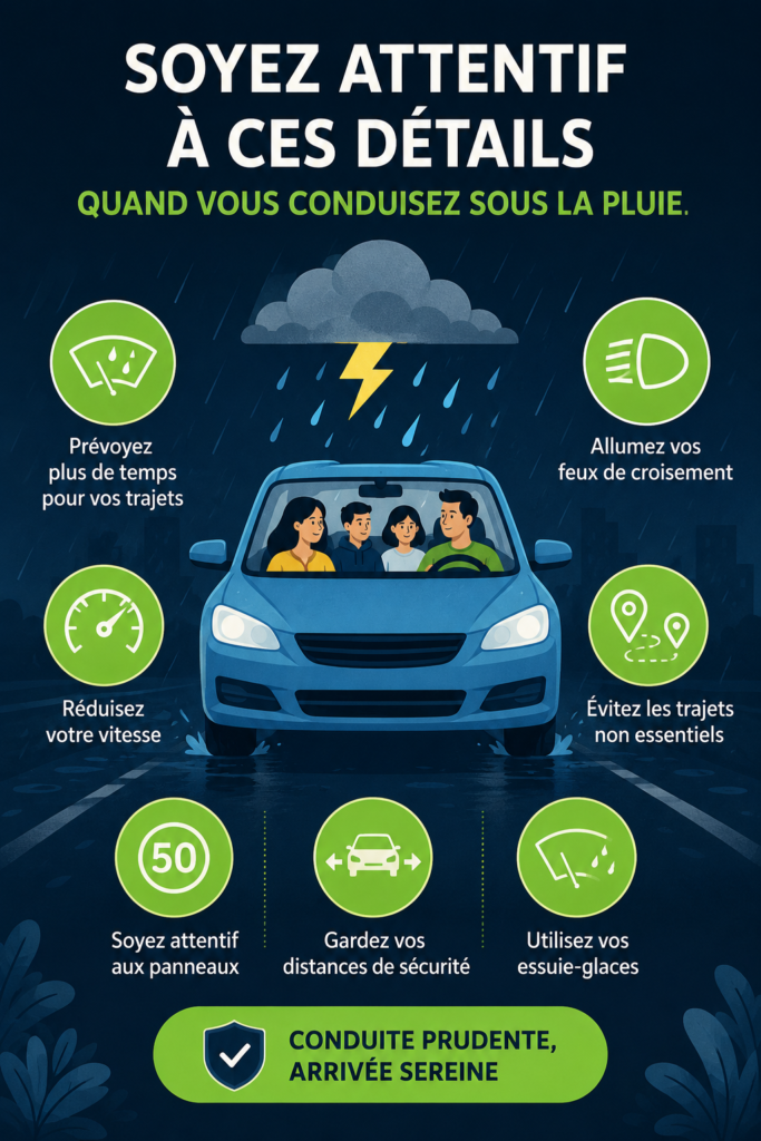 Femme conduisant prudemment sous la pluie avec des essuie-glaces en bon état.