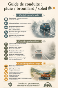 Femme conduisant prudemment sous la pluie.