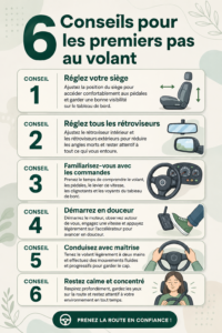 Une femme souriante au volant, prête à commencer sa première expérience de conduite.