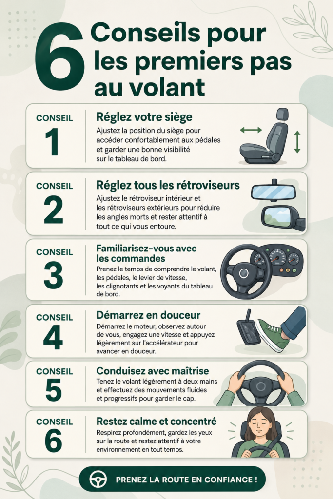 Une femme souriante au volant, prête à commencer sa première expérience de conduite.