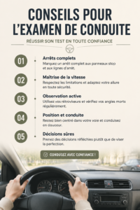 Femme concentrée au volant, prête pour son examen de conduite