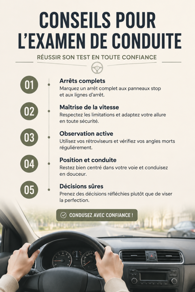 Femme concentrée au volant, prête pour son examen de conduite