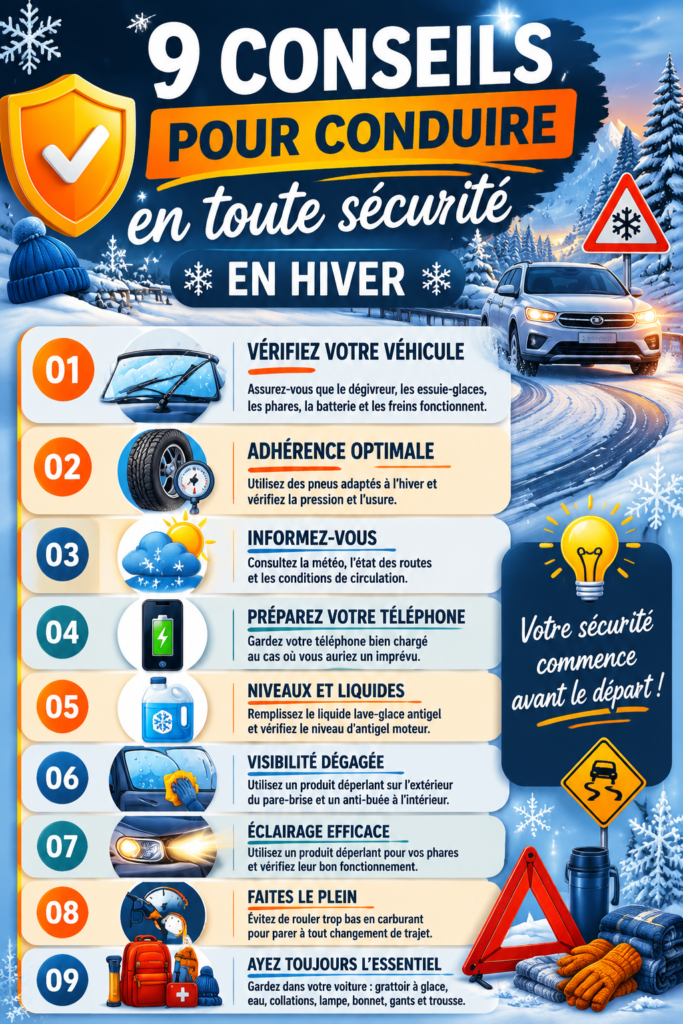 Un véhicule sur une route enneigée, préparé pour l'hiver avec des pneus adaptés.