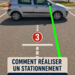 Femme réalisant un créneau à droite avec confiance dans une voiture.