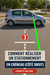 Femme réalisant un créneau à droite avec confiance dans une voiture.