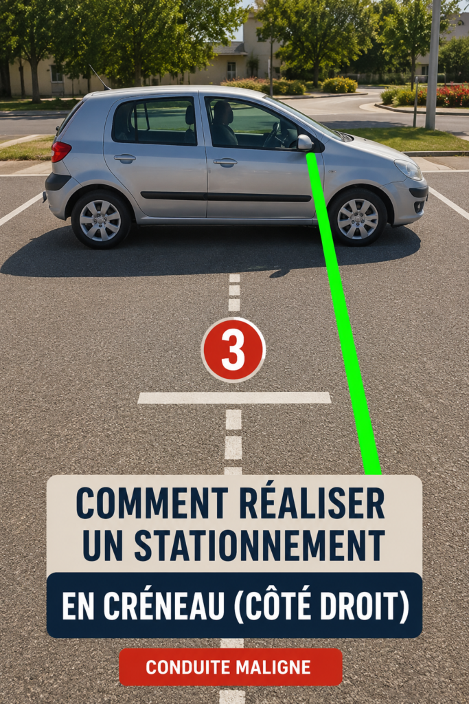 Femme réalisant un créneau à droite avec confiance dans une voiture.