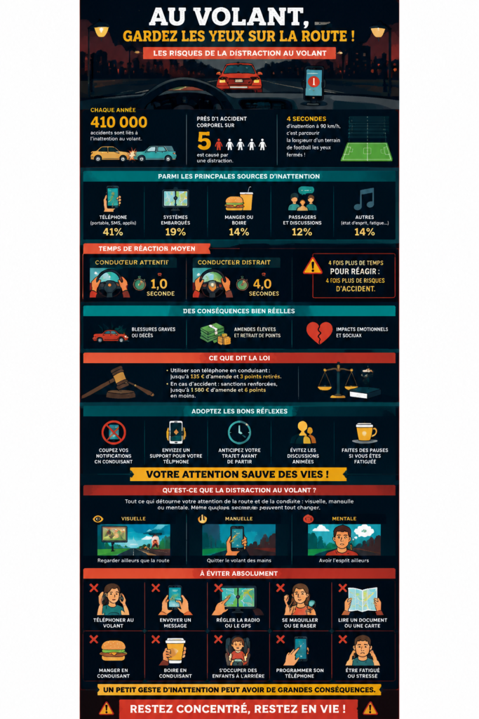 Image illustrant les dangers de la conduite distrait avec un conducteur préoccupé par son téléphone.