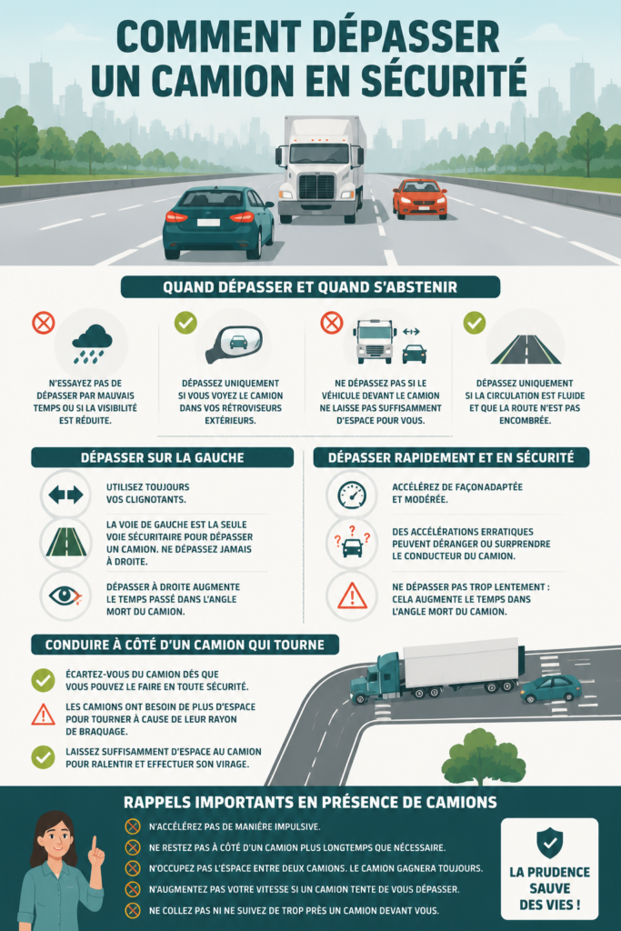 Femme conduisant une voiture dépassant un camion sur une route dégagée.