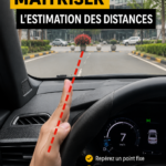 Une femme au volant regardant attentivement la route et évaluant la distance jusqu'au véhicule devant elle.