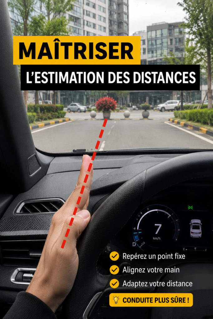 Une femme au volant regardant attentivement la route et évaluant la distance jusqu'au véhicule devant elle.