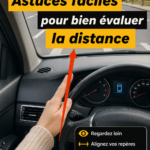 Femme au volant en train de juger la distance de sa voiture sur la route.