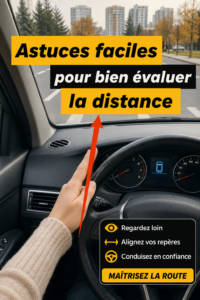 Femme au volant en train de juger la distance de sa voiture sur la route.