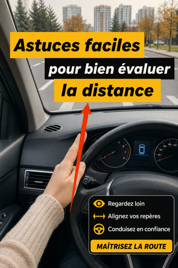 Femme au volant en train de juger la distance de sa voiture sur la route.