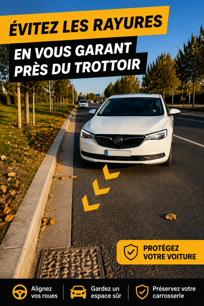 Une voiture se garant près d'un trottoir sans le rayer.